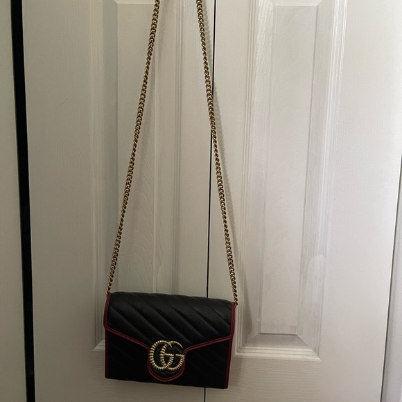 GUCCI New Marmont black red leather shoulder small bag,wallet on chain Authentic - Picture 8 of 13